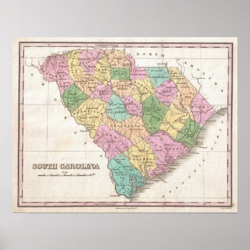 Vintage Map of South Carolina 1827 Poster
