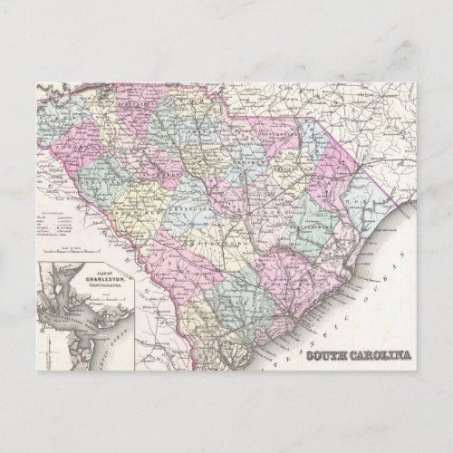 Vintage Map of South Carolina 1855 Postcard