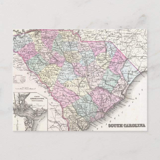 Vintage Map of South Carolina (1855) Postcard (Front)