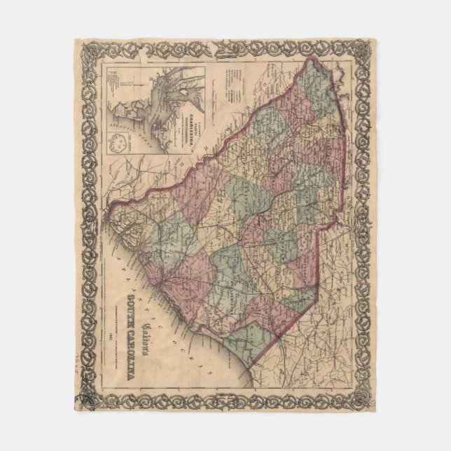 Vintage Map of South Carolina (1865) Fleece Blanket (Front)