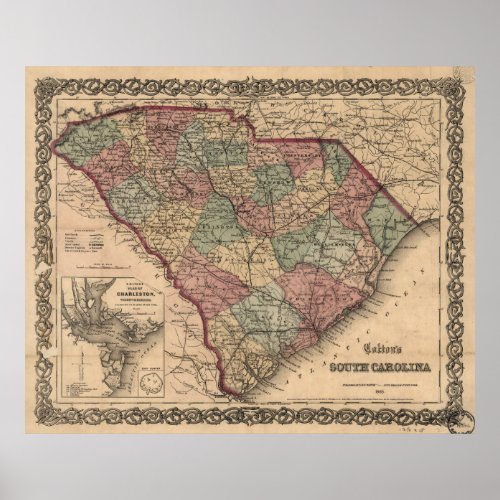 Vintage Map of South Carolina 1865 Poster