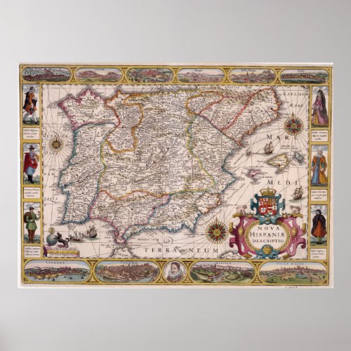 Vintage Map of Spain 1610 Poster