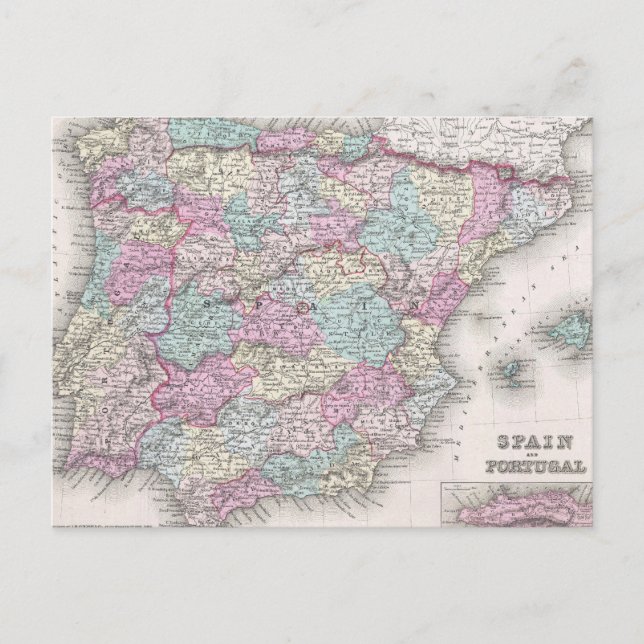 Vintage Map of Spain (1855) Postcard (Front)