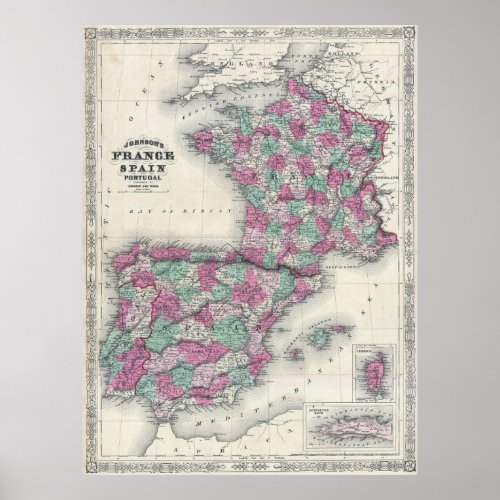 Vintage Map of Spain and France 1865 Poster