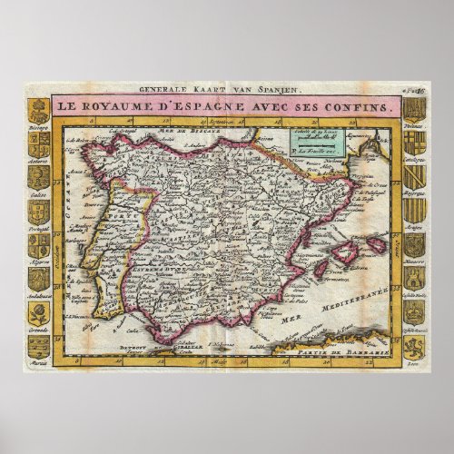 Vintage Map of Spain and Portugal 1747 Poster