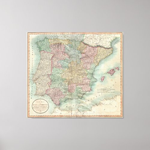 Vintage Map of Spain and Portugal 1801 Canvas Print