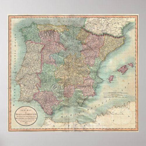 Vintage Map of Spain and Portugal 1801 Poster