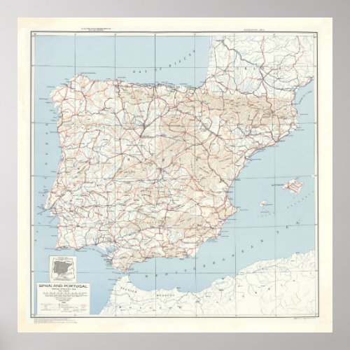 Vintage Map of Spain  Portugal 1943 Poster