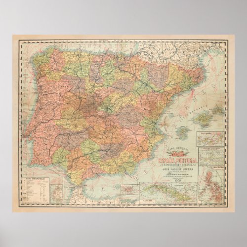Vintage Map of Spain  Spanish Territories 1909 Poster
