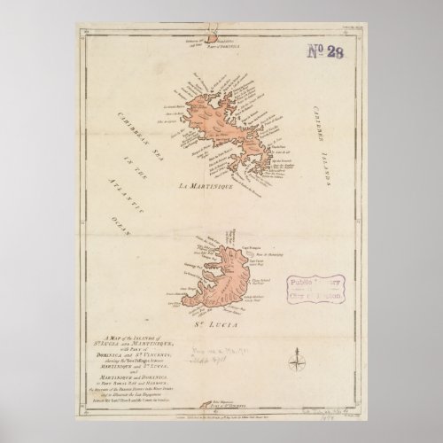 Vintage Map of St Lucia  Martinique 1781 Poster