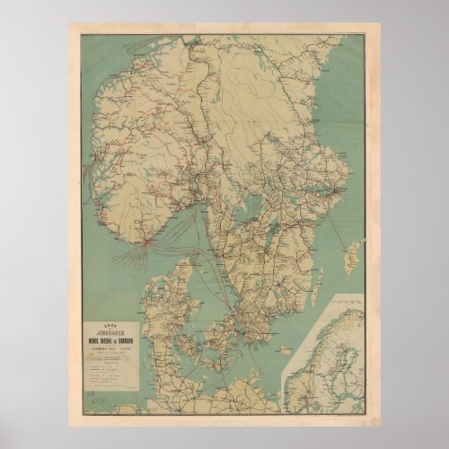 Vintage Map of Sweden Norway  Denmark 1897 Poster