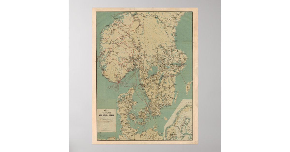 Vintage Map of Sweden, Norway & Denmark (1897) Poster | Zazzle