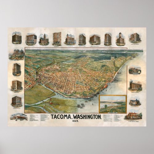 Vintage Map of Tacoma WA 1893 Poster