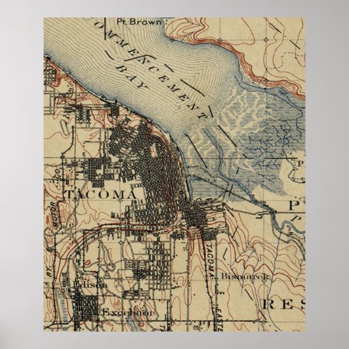 Vintage Map of Tacoma Washington 1895 Poster