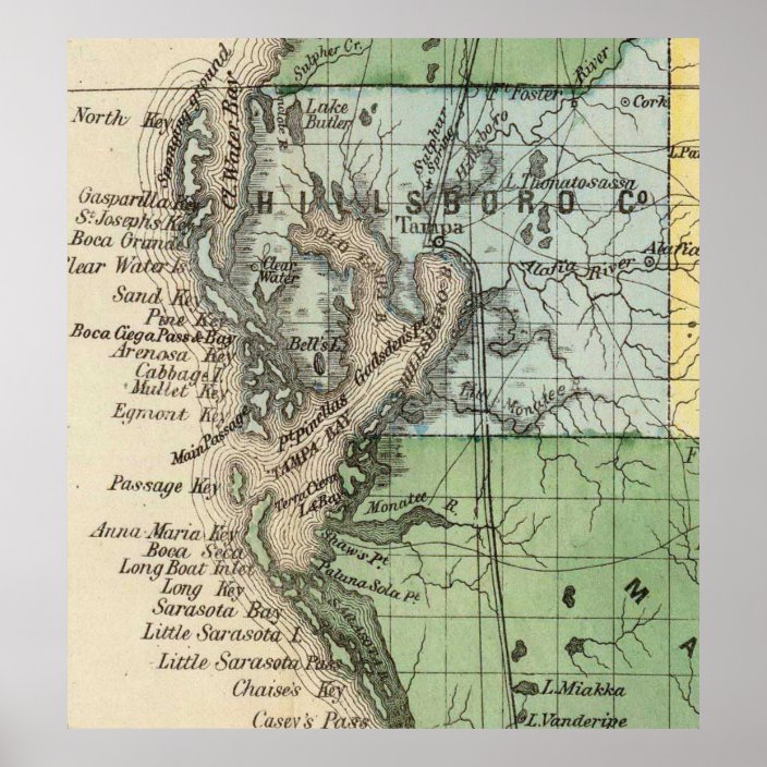 Vintage Map Of Tampa Florida 1870 Poster Zazzle Com