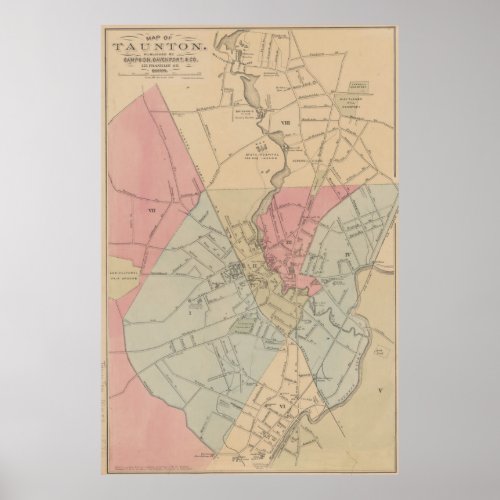 Vintage Map of Taunton MA 1876 Poster
