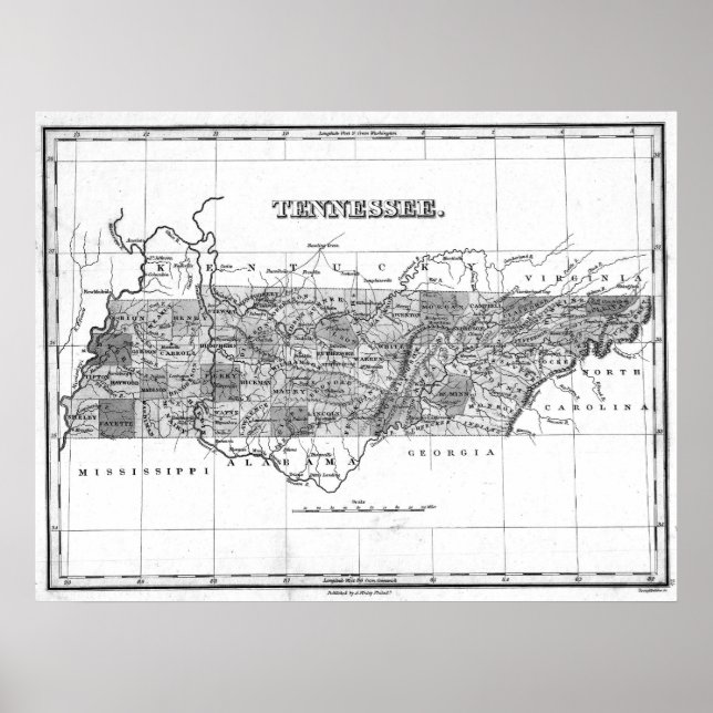 Vintage Map of Tennessee (1827) BW Poster (Front)
