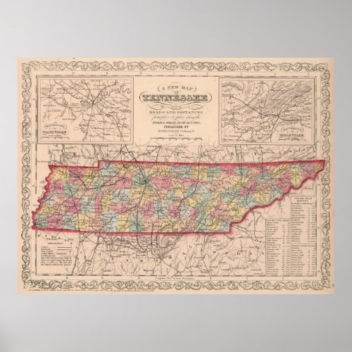 Vintage Map of Tennessee 1859 Poster