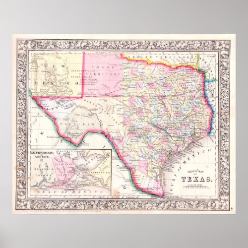 Vintage Map of Texas 1864 Poster