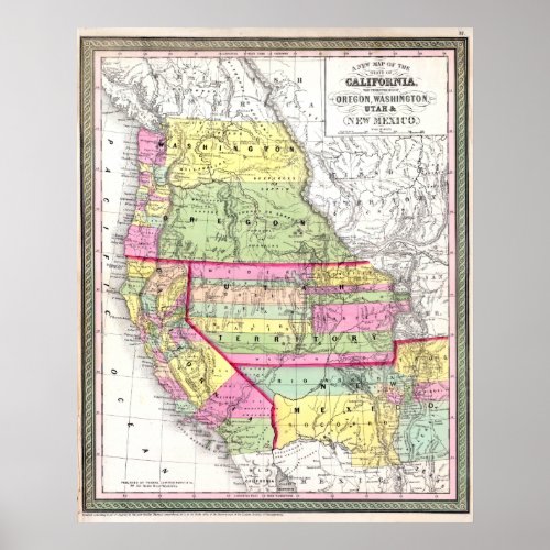 Vintage Map of the American West California Oregon Poster