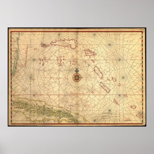 Vintage Map of The Bahamas 1650 Poster