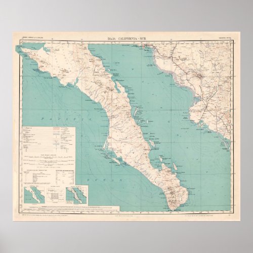 Vintage Map of The Baja California Peninsula 1924 Poster