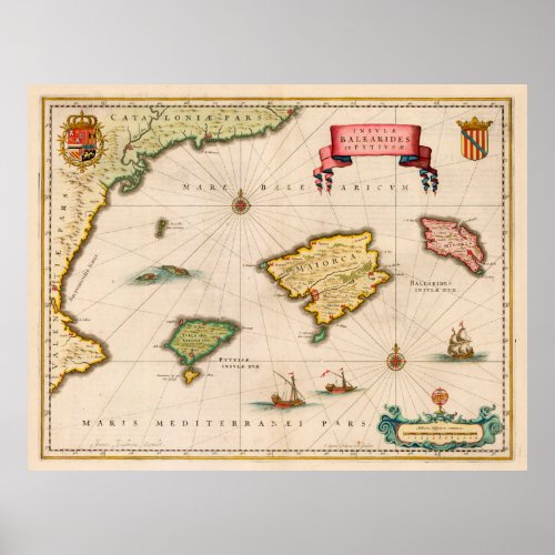 Vintage Map of the Balearic Islands 1640 Poster