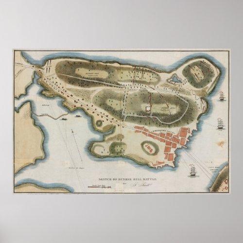 Vintage Map of The Battle of Bunker Hill 1826 Poster