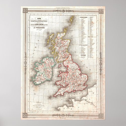 Vintage Map of the British Isles 1852 Poster