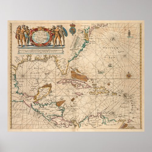 Vintage Map of The Caribbean 1672 Poster