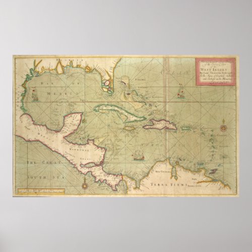 Vintage Map of The Caribbean 1707 Poster