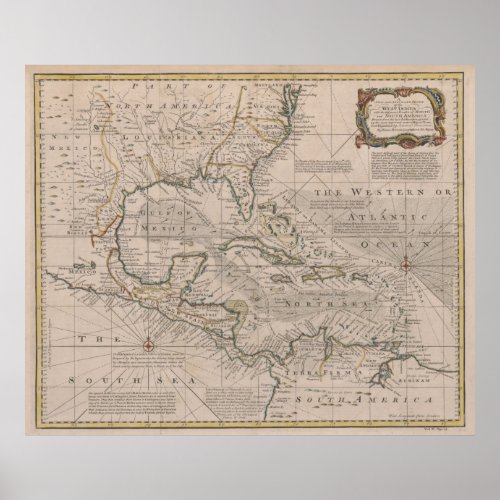 Vintage Map of The Caribbean 1720 Poster