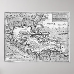 Vintage Map of the Caribbean (1732) BW Poster