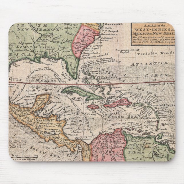 Vintage Map of the Caribbean (1732) Mouse Pad (Front)