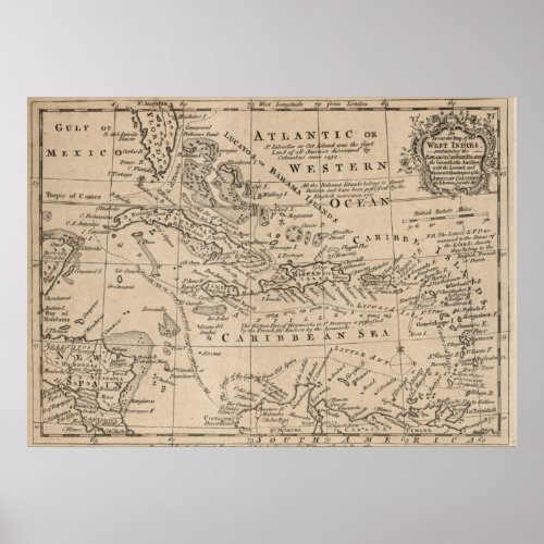 Vintage Map of The Caribbean 1763 Poster