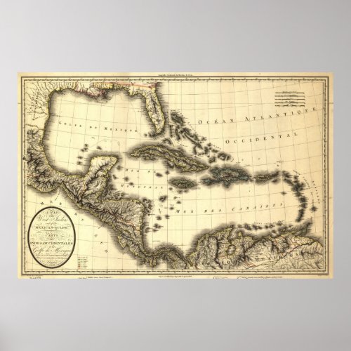 Vintage Map of The Caribbean 1806 Poster
