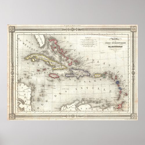 Vintage Map of The Caribbean 1852 Poster