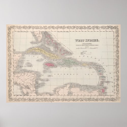 Vintage Map of The Caribbean 1857 Poster