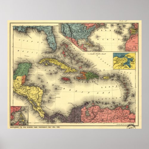 Vintage Map of The Caribbean 1898 Poster