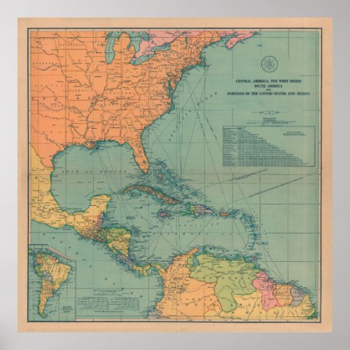 Vintage Map of The Caribbean 1909 Poster