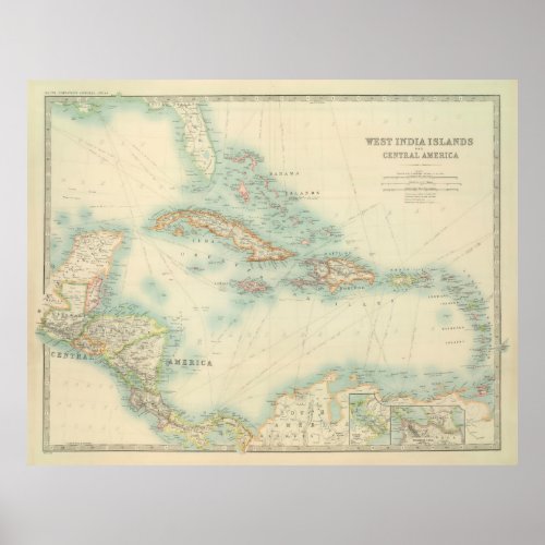 Vintage Map of the Caribbean 1912 Poster