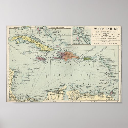 Vintage Map of the Caribbean and West Indies Poster