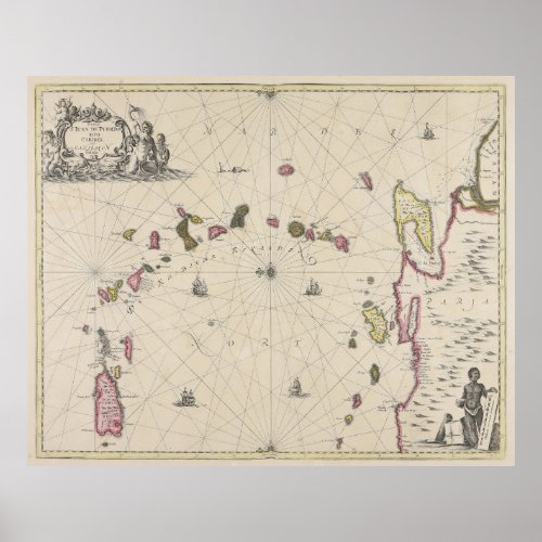 Vintage Map of The Caribbean Islands 1700 Poster