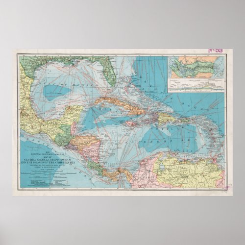 Vintage Map of The Caribbean Sea 1913 Poster