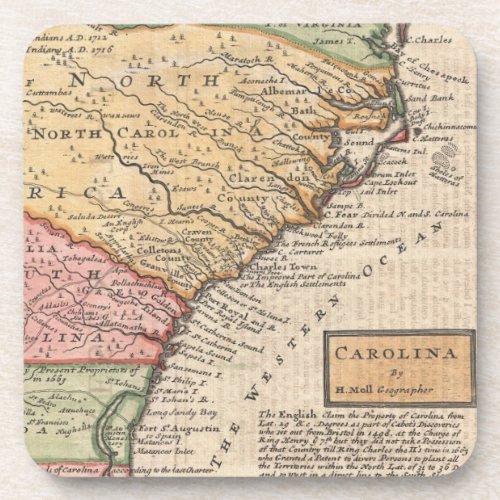 Vintage Map of the Carolinas 1746 Coaster