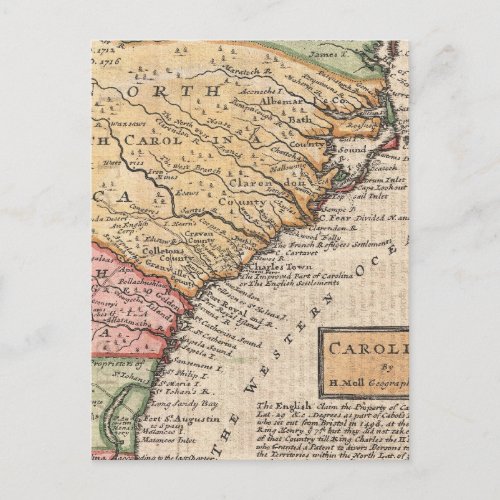 Vintage Map of the Carolinas 1746 Postcard