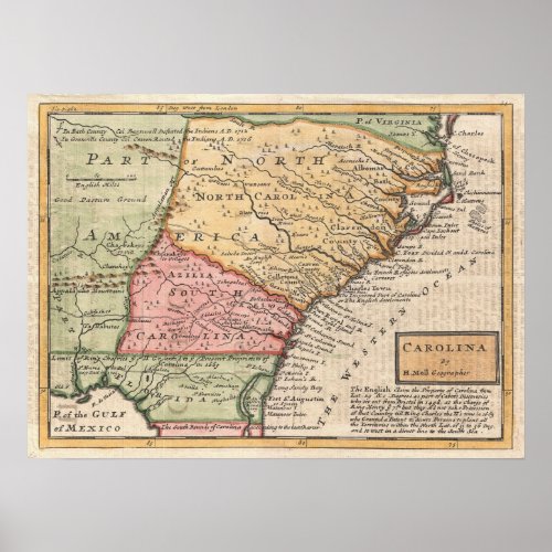 Vintage Map of the Carolinas 1746 Poster