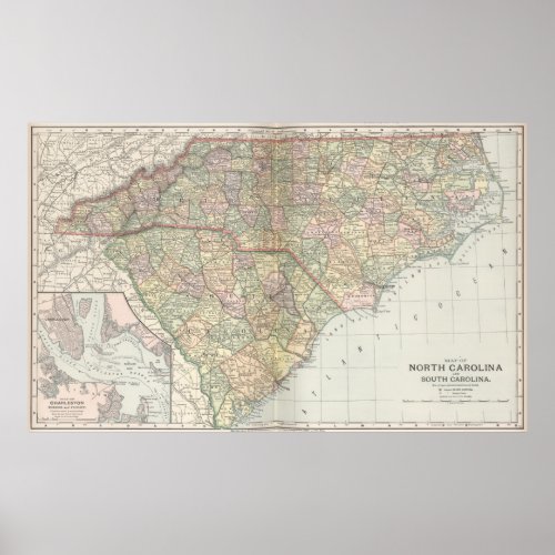 Vintage Map of The Carolinas 1891 Poster