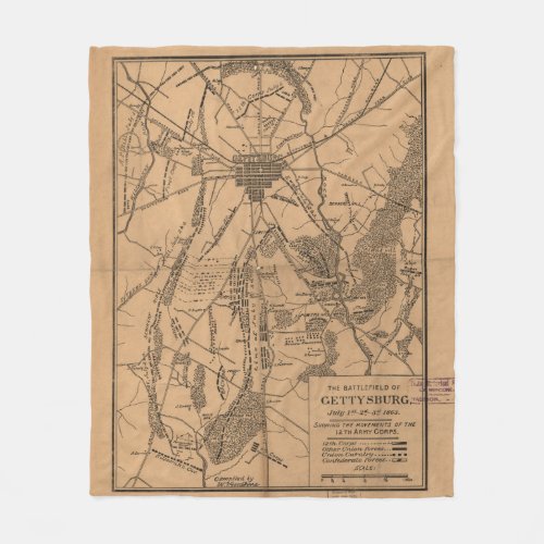 Vintage Map of The Gettysburg Battlefield 1863 4 Fleece Blanket