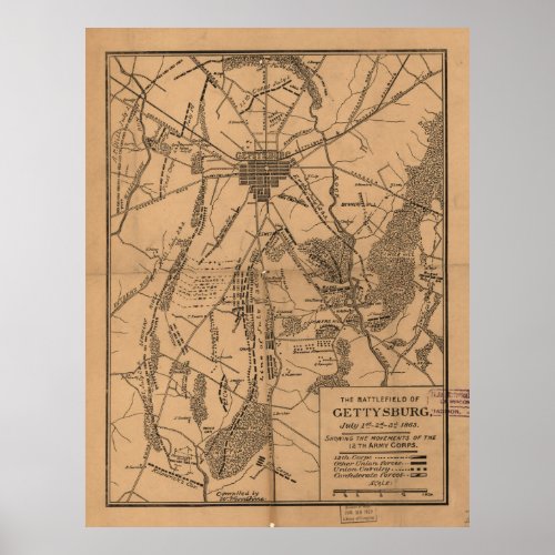 Vintage Map of The Gettysburg Battlefield 1863 4 Poster